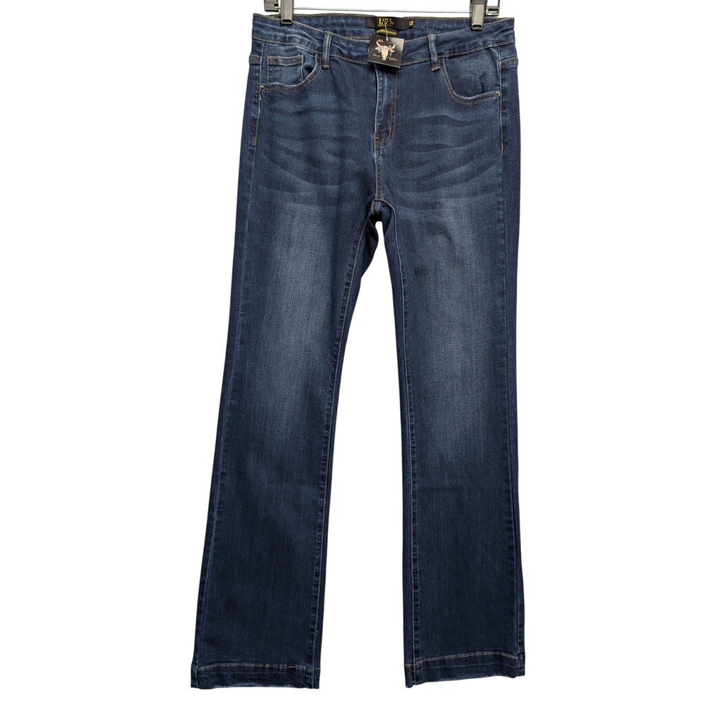 NWT Lucky & Blessed Bootcut Jeans Wmn 12 Blue Dark Wash Mid Rise Raw Hem JJ55-DW